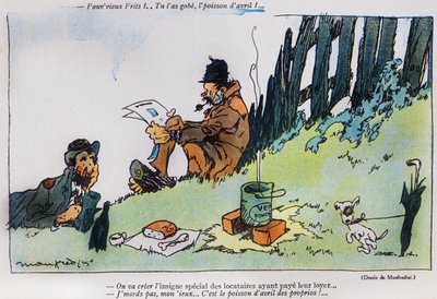 1917年3月29日、La Baionette誌のエイプリルフールデイ（ポアソンダヴリル）版からの2つの浮浪者を描いた漫画 作： French School