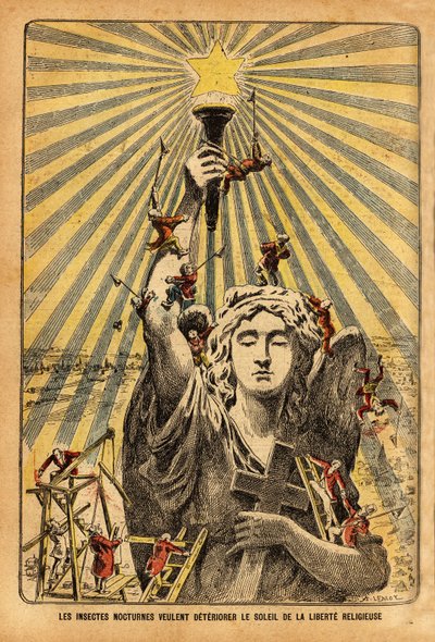 20世紀初頭にフランスを煽動した政治的論争、教会分離の文脈における教育機関のライセン化について、「夜行性の昆虫が信教の自由の日差しを悪化させようとしている」。 作： French School