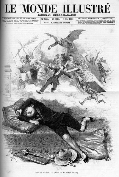 1888年のクラスレンタルに近づく休日の終わりから非難する若い小学生の漫画。 作： French School