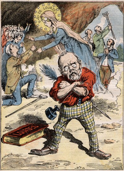 作家エミール・ゾラ（1840-1902）の漫画。彼は小説「ルルド」でこのテーマを批判したにもかかわらず、ルルドでの信者の献身に戸惑っている。8月30日付「ル・ペレラン」誌に掲載された版画 作： French School