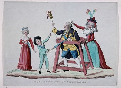 フランス革命中の王室（ルイ16世とマリー・アントワネットとその子供たち）を描いた漫画（1790年頃） - カルナヴァレ美術館 作： French School