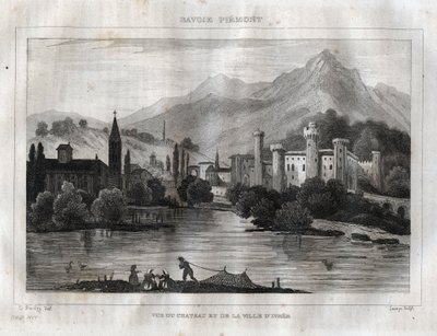 イヴレア城 - Castello di Ivrea - M. de Norvins, Ch. Nodier 1834-1836による "Picturesque Italy "からのエングレーヴィング。 作： French School