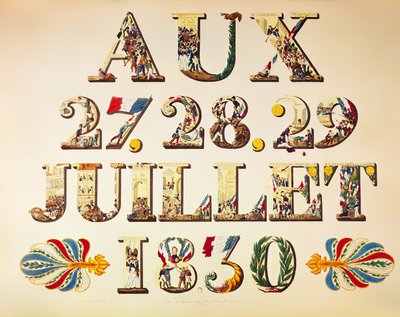 1830年7月27、28、29日の3つの栄光の日のお祝い（カラー彫刻） 作： French School
