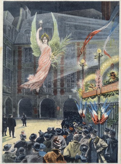 フランスの作家、ヴィクトル・ユーゴー（1802-1885）の生誕100年を記念して、パリのヴォージュ広場にある詩人の家に降臨するレノミーの精霊を「Le Petit Parisien」に掲載。 作： French School
