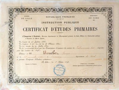 初等教育証明書、アカデミードゥリール、1898年（紙にインク） 作： French School