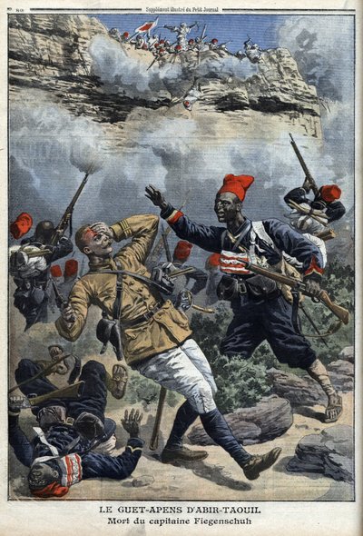 チャド、アビル・タウイル（Abir-Taouil）での待ち伏せ、フィーゲンシュー大尉の死、「Le petit Journal」のイラスト、イラスト付付録、1910年3月6日付 作： French School