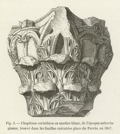 1847年にパルビス広場で行われた発掘調査で見つかった、メロヴィング時代の白大理石のコリント式マーキー 作： French School