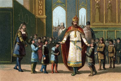 学校の創設者であるシャルルマーニュ（768～814年のフランス王）が授業を監修している。1890年頃のクロモリトグラフ。 作： French School
