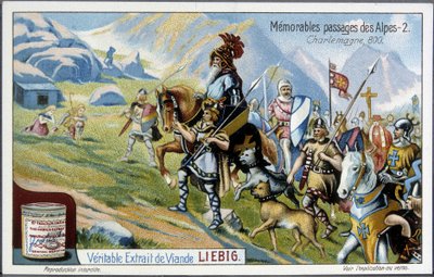 シャルルマーニュとその軍勢は800年にアルプスを越えた - リービッヒ・クロモリトグラフィー、20世紀初頭。 作： French School