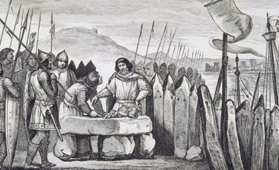 チャールズIIIザファット（839-88）は、1840年に出版されたコラートの「フランスの歴史」から、バイキングの侵略者を886年に払い戻します（彫刻） 作： French School