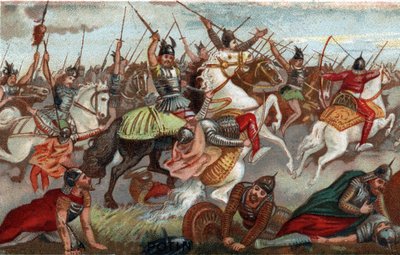 732年、ポワティエの戦いでイスラム教徒を逮捕するシャルル・マルテル。19世紀のクロモリトグラフ。 作： French School
