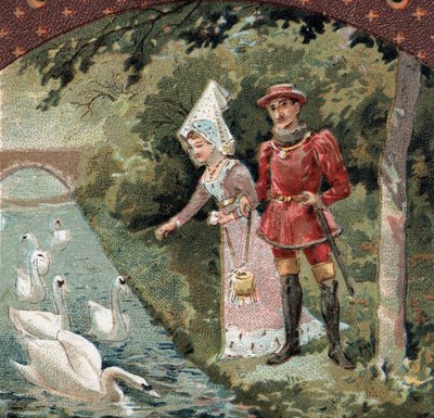 シャルル7世（1403-1461）と愛人のアニエス・ソレル（ボーテ・シュル・マルヌ（Beaute-sur-Marne）の貴婦人と呼ばれる）（1422-1450）がサヴィニー・シュル・オルジュ（Savigny-sur-Orge）のシャトーの公園で白鳥に餌をやっているところです。19世紀末のクロモリトグラフ 作： French School