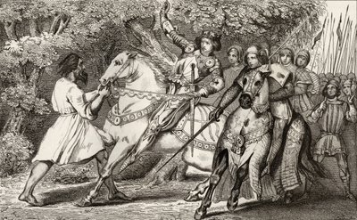 チャールズ6世（1368-1412）狂人は、1840年頃に出版されたコラートによる「フランスの歴史」から、アンジェ近くの森での待ち伏せについてアドバイスを受けています 作： French School