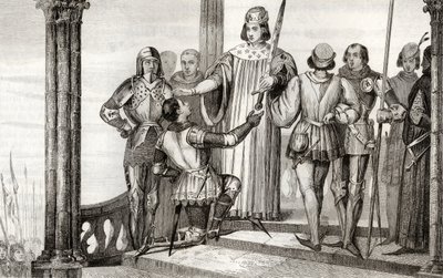 チャールズ5世（1358-80）ワイズは、1840年頃に出版されたコラートの「フランスの歴史」からデュゲサンに刀を差し出します 作： French School