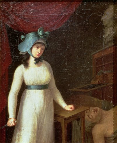 シャルロット・コルデー (1768-93) とジャン・ポール・マラー (1743-93) の浴場での暗殺 作： French School