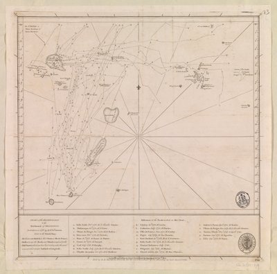 フランス海軍中尉ヴィクト・グルニエが1776年に作成したモーリシャスから北の群島海図 [セーシェル、モルディブ最南端、モーリシャス群島、チャゴス群島を含む]。 作： French School