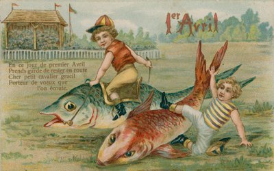 子供の騎手が魚を競う、1913年4月1日カード 作： French School