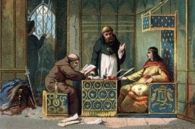 695年から711年までフランスの王だったチルデベール2世は、オワーズの城で、仕事を共にする修道士たちに囲まれている。1890年頃のクロモリトグラフ。 作： French School