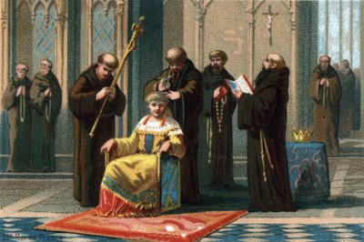 742年から752年まで王であったチルデリック3世は、オーストラリア宮殿の市長シャルル・マルテルによって監禁されたサン・オメル近郊のサン・ベルタン修道院で、737年。1890年頃のクロモリトグラフ。 作： French School