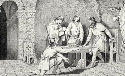 Childeric I（d.481）およびコラートの &39;Histoire de France&39;による金貨の2つの半分の物語、1840年頃出版 作： French School