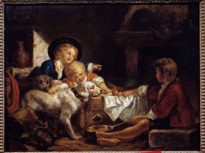 子供たち 納屋にいる3人の幼い子供と2匹の犬。フランス派の絵画18世紀 個人蔵 作： French School