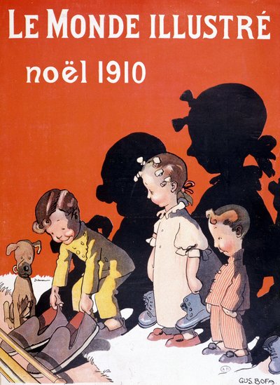 サンタクロースのために暖炉の前で靴を脱ぐ子供たち - "Le Monde Ilustré "にて 作： French School