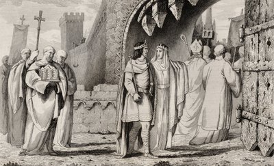 1840年頃に出版された、Colartの「Histoire de France」からの宗教的行列におけるChilperic I（539-84） 作： French School
