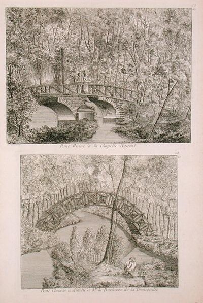 ジョージ・ルイ・ル・ルージュ著「Jardins Anglo-Chinois a la mode」（1785年刊）より、アッティチの中国式橋。 作： French School