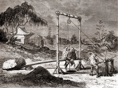 塩水を採取するために井戸を掘る19世紀の中国人労働者（1870年頃発行の「Les Merveilles de la Science」より）（エングレーヴィング 作： French School