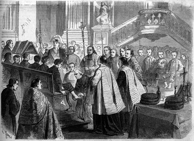 キリスト教儀礼 - 聖木曜日 - 1860年：パリのサン・スルピス教会での足の洗浄。1860年4月7日付の "Le Monde Illustré "156号に掲載されたエングレーヴィング。 作： French School