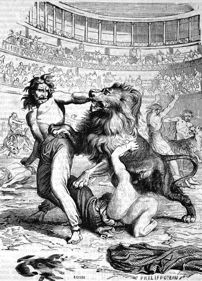 リヨンの円形劇場で獰猛な獣にさらされるキリスト教徒 - L.-P.の『Histoire de France』に掲載されています。アンケティル 作： French School