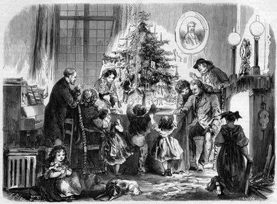 アルザスのクリスマスパーティー：クリスマスツリーを囲んで再会する家族。1月2日付「Le Monde Illustré」38号に掲載された図版 作： French School