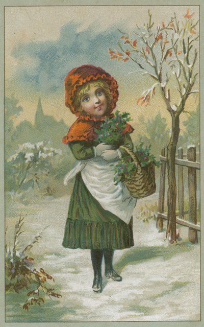 ホリーを集める女の子とクリスマスシーン 作： French School