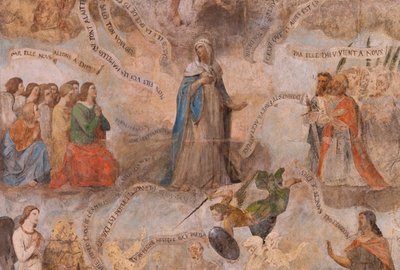 教会（Eglise Saint-Jean-Baptiste）。内部の様子。サン・フルーシー礼拝堂壁画。マリアの賛美（fresque dite de la bonne mort）。17世紀初頭。 作： French School