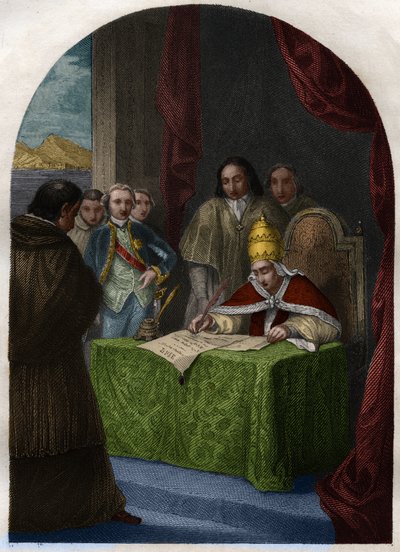1773年7月21日、イエズス会を廃止するクレメンス14世（1705-1774）。モーリス・ラシャトレ著「教皇の歴史：犯罪、殺人、毒殺、親殺し、姦淫、近親相姦...」に掲載された1842年のエングレーヴィング。個人蔵。 作： French School