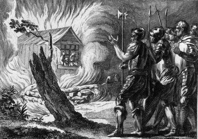 フランク王国の王Clotaire (Clothaire) I (497-561)は、自分と家族に反旗を翻した息子Chramneをコテージで焼いた。560年頃。18世紀のエングレーヴィング。 作： French School