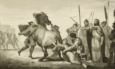 コラートによる「フランスの歴史」からのブルンヒルダ女王の処刑時のクロテールII（584-629）、1840年発行 作： French School