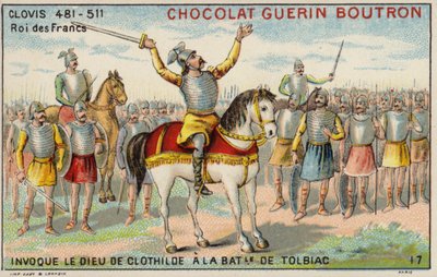 トルビアックの戦いでクロティルデの神を呼び出すクローヴィス1世、496年（クロモリト 作： French School