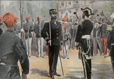 ジャン・バティスト・マルシャン司令官（1863-1934）は、1899年5月30日にトゥーロンで、アフリカ探検隊のセネガル人ライダー、デ・ラ・ジャイル提督（1836-1925）からレジオン・ドヌール勲章を授与されました。 作： French School