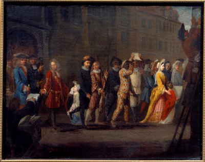 コメディア・デラルテ「イタリア喜劇廃止後の喜劇人の解雇」 ルイ14世は1697年5月4日、フランソワーズ・ドービーニュに直接向けられた戯曲「偽りの無礼者」のために、古代イタリア喜劇の劇場を閉鎖した。 作： French School