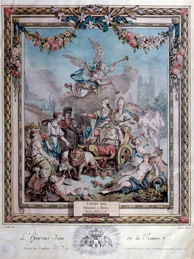 1775年6月11日にランスで行われたルイ16世（1754-1793）の戴冠式を記念したもの。エングレーヴィング。パリアーセナルの図書館 作： French School
