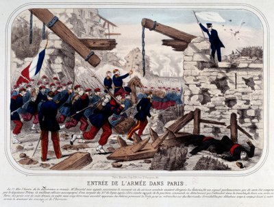 パリのコミューン。パリのヴェルサイユ軍団の入隊。1871年のエングレーヴィング。パリ、カルナヴァレ美術館 作： French School