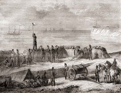 1870年頃に出版された『Les Merveilles de la Science』（エングレーヴィング）より、入港する船と上陸した軍隊の間で旗信号電信システムを使って交信する様子。 作： French School