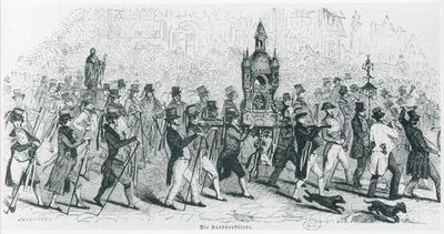 ツール・ド・フランスを祝うコンパニオンたち 1845年頃（彫刻）（モノクロ写真） 作： French School