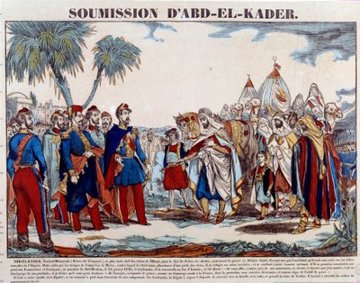 アルジェリアのコンケルト（1830年～1847年）：アブド・エル・カーダー（Abd-el-Kader or ibn Muhyi al-Din al-Hasani）（1807年～1883年）が1848年1月24日にオマール公爵とフランス軍に服従する様子。19世紀末のエングレーヴィング 個人蔵 作： French School