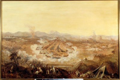 アルジェリアのコンケーテ。「1844年8月16日のアイズリーの戦いでは、アブド・エル・カーダーを支持するモロッコ人とフランス人が対峙している」フランス派の絵画。1844年パリ、軍隊博物館（Musee de l