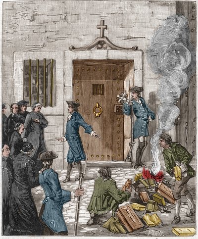 1762年8月6日のパリ高等法院の判決を受けて、ソシエテ・デ・イエズス会に与えられた有罪判決。裁判所は、24冊以上の本とイエズス会が作った本を処刑人が燃やすことを命じた。19世紀のエングレーヴィング。 作： French School