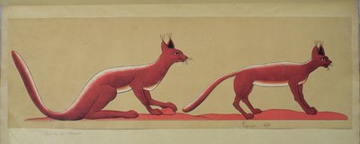 2匹の野生の猫を描いたオリジナルの古代エジプトの壁画のコピー 作： French School