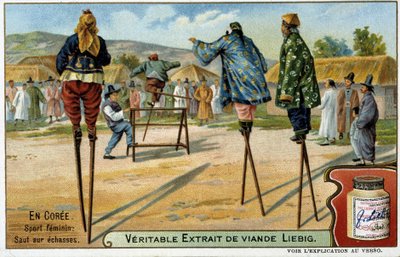 Coree：竹馬でジャンプする女性のスポーツ - Chromo Liébig, v.1900 作： French School