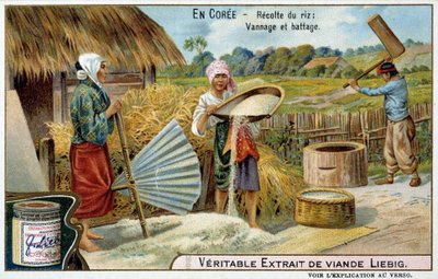 コレ：稲刈り、機織り、脱穀 - クロモ.Liébig, v.1900 作： French School